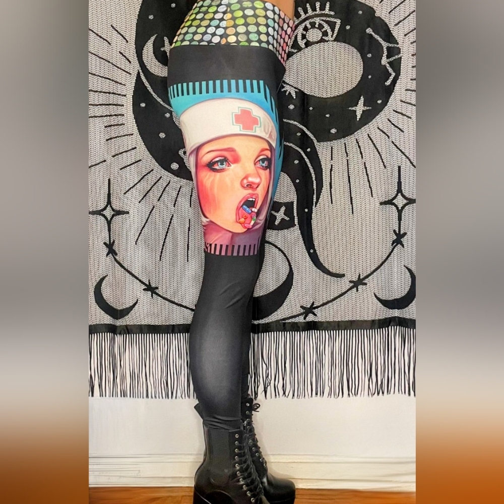 Graphic Nurse Goth Raver Leggings M by LuxNova Studio (Artist Morgan Wilson)